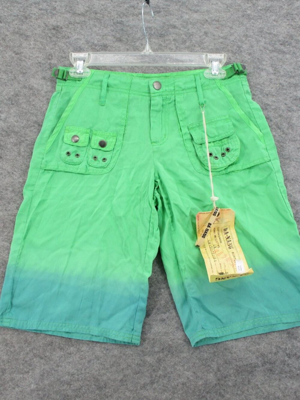 Vintage DA-NANG Shorts Women's Extra Small Green Teal Ombre Silk Cotton Button